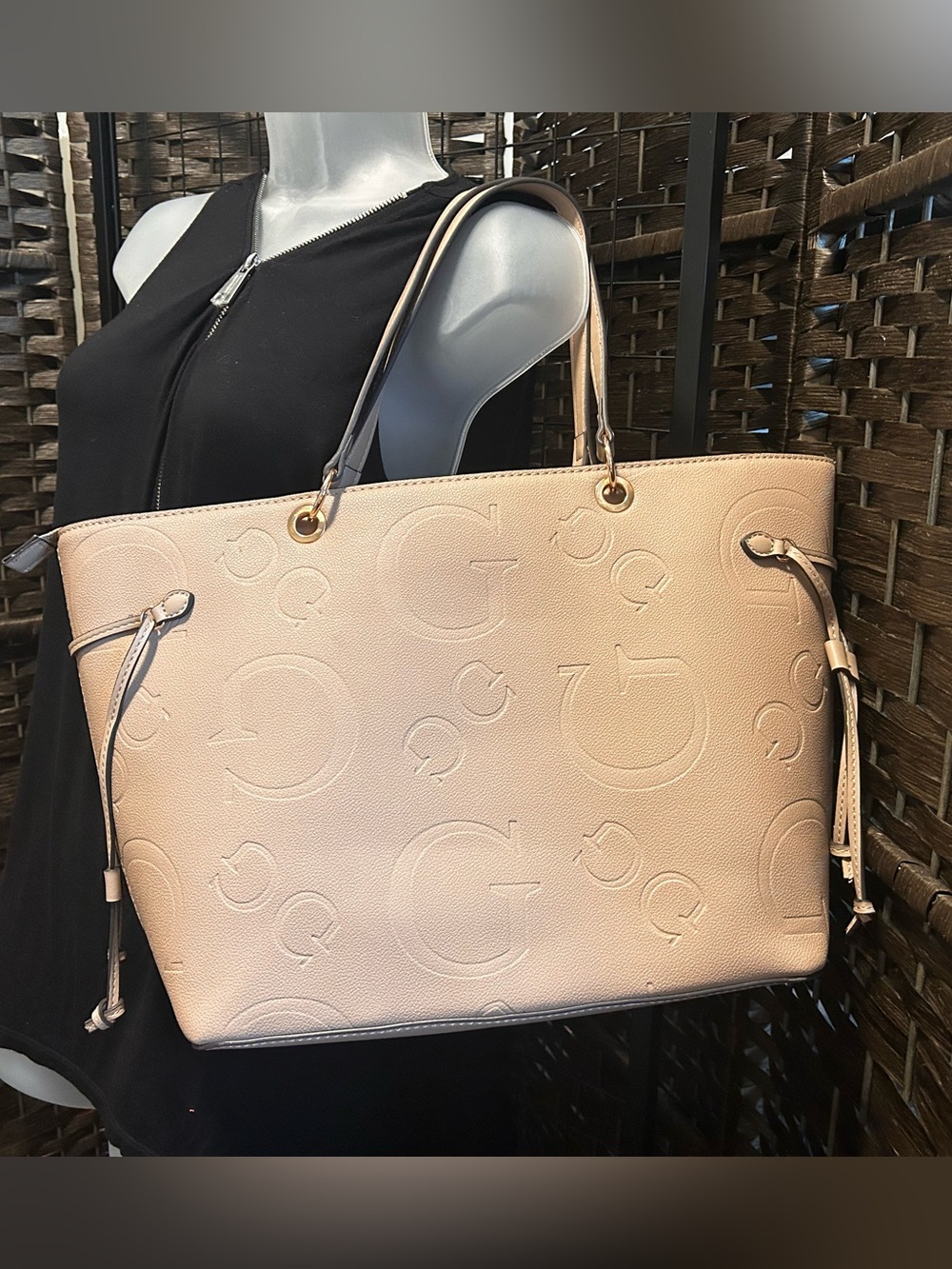 Guess Taupe Melrose ave Logo Embossed Tote Bag